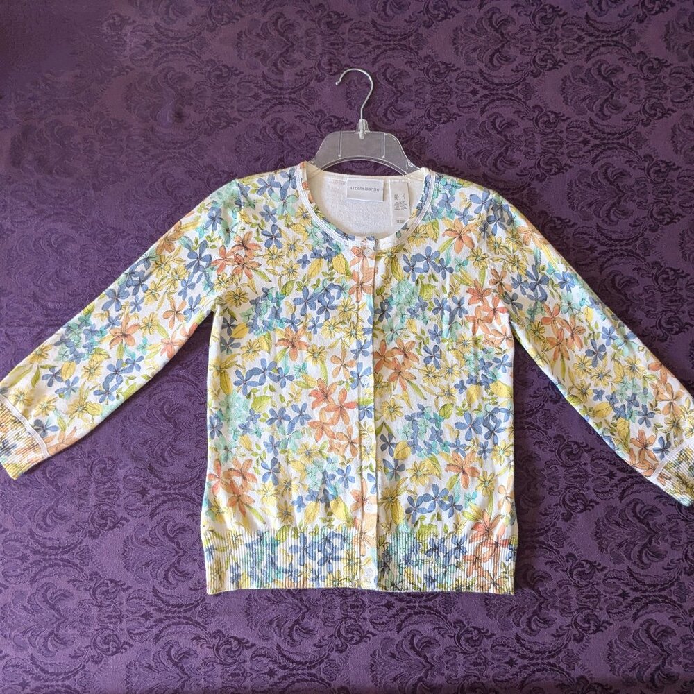 Liz Claiborne Bright Spring Floral Lightweight 3/4 sleeve Cotton Cardigan